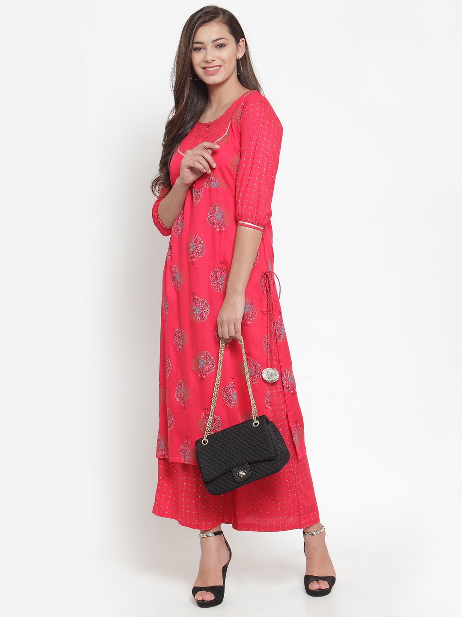 Indibelle Fuchsia Floral Print Straight Kurta