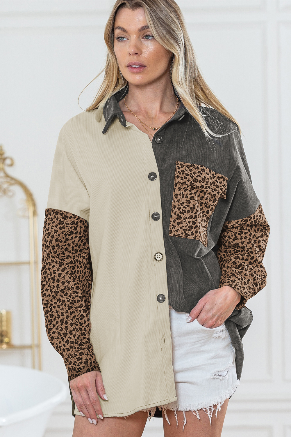 Gray Color Block Leopard Patchwork Casual Corduroy Shacket