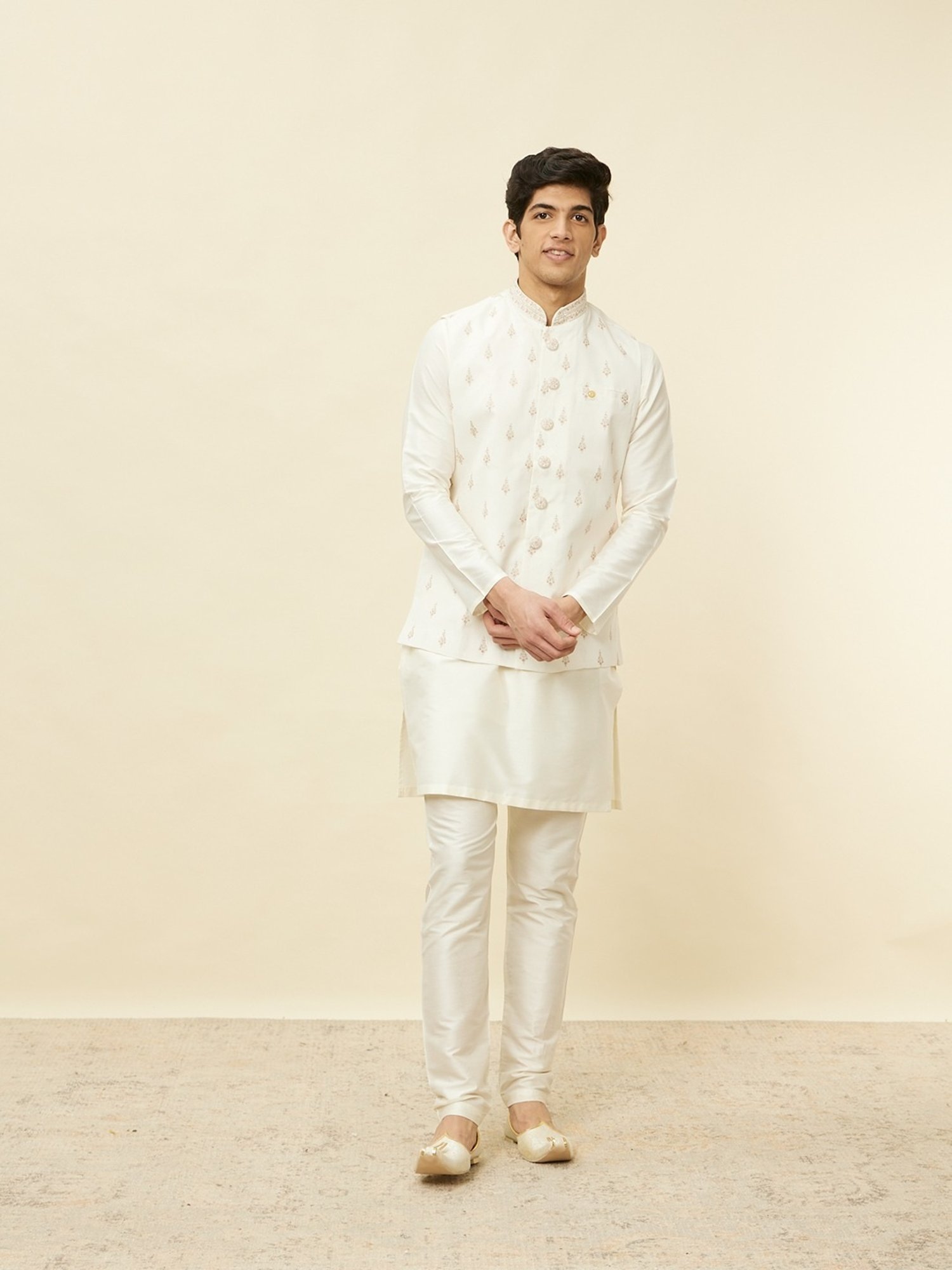 Manyavar Warm White Regular Fit Self Pattern Nehru Jacket