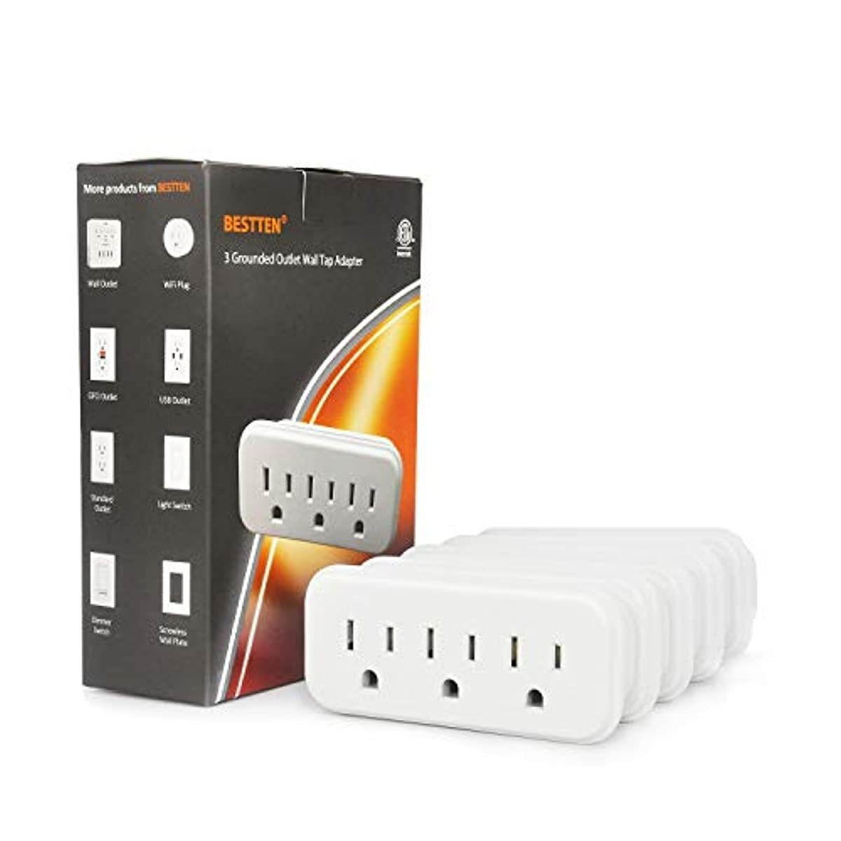 [5 Pack] BESTTEN 3 Outlet Wall Adapter, 15A/125V/1875W, Mini Grounded Plug Splitter, ETL Listed, White