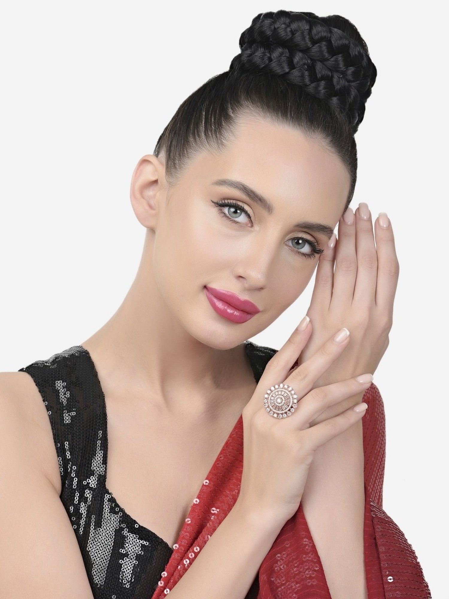 Zaveri Pearls Rose Gold Dazzling Cubic Zirconia Party Bling Statement Brass Ring-ZPFK15424