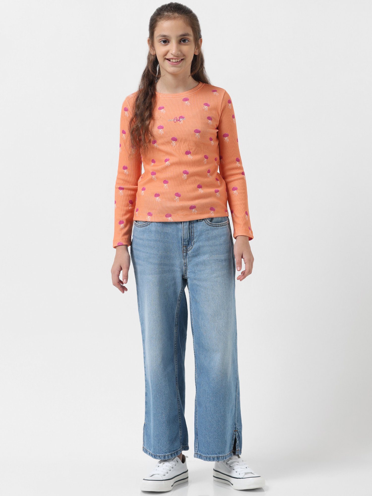 VERO MODA GIRL Orange Printed Full Sleeves T-Shirt