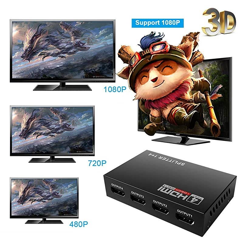 HDMI Splitter 1 in 4 Out V1.4 Powered 1x4 Ports Box Supports 4K@30Hz Full Ultra HD 1080P 3D Compatible with PC STB Xbox PS4 Fire Stick Roku Blu-Ray Player TV HDTV (1 Input to 4 Outputs)