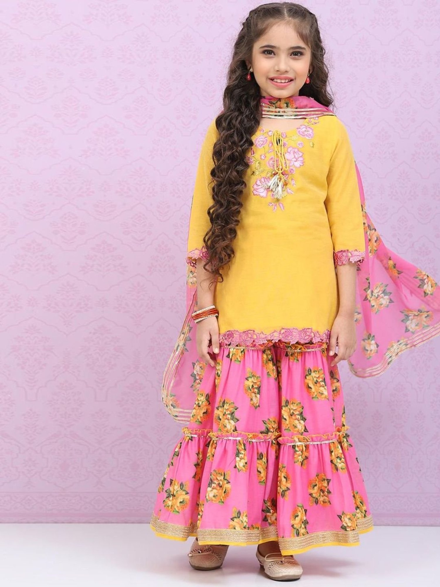 Biba Kids Yellow & Violet Embroidered Kurta Set