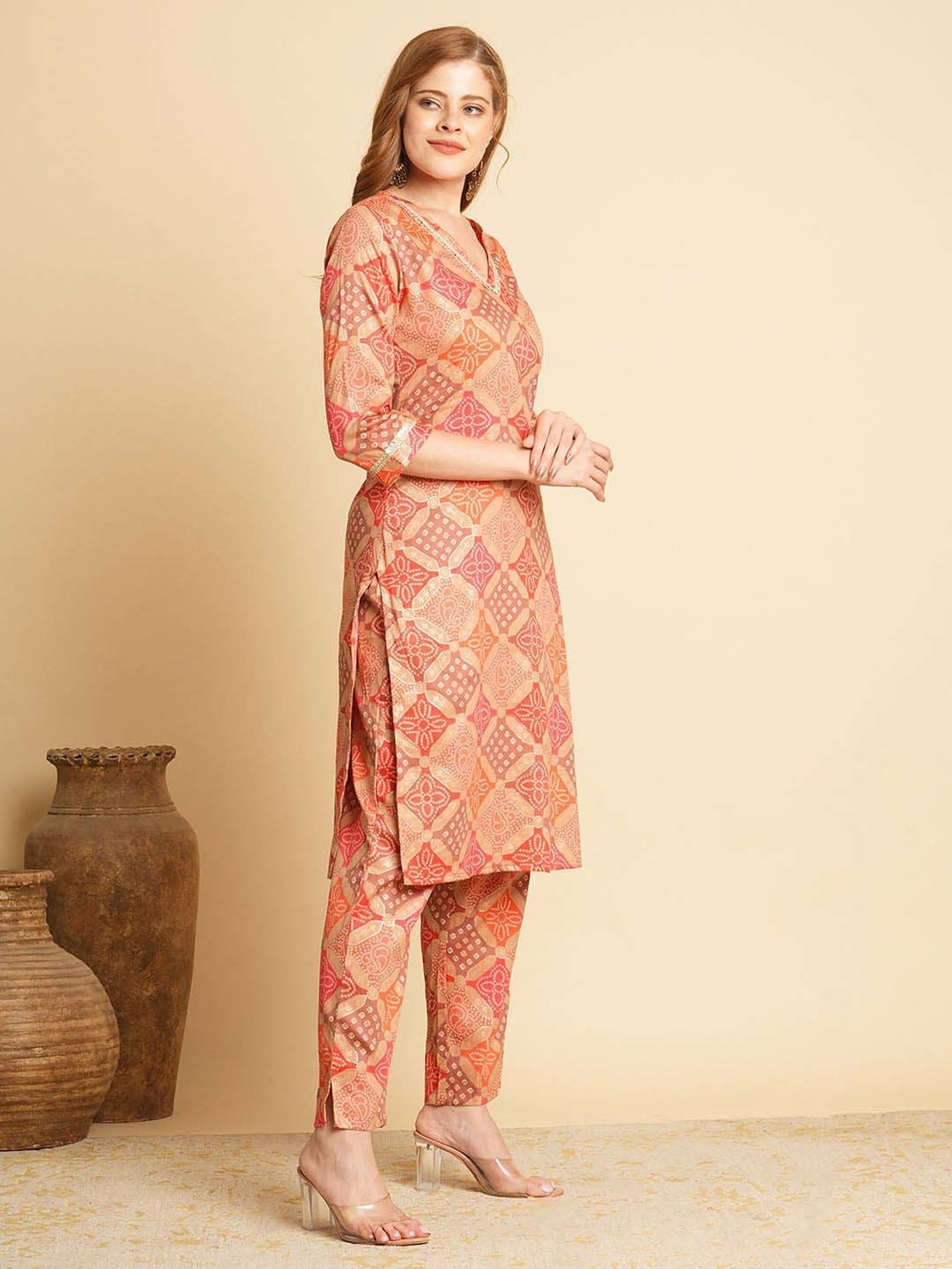 Fashor Peach Printed Kurta & Pant Set