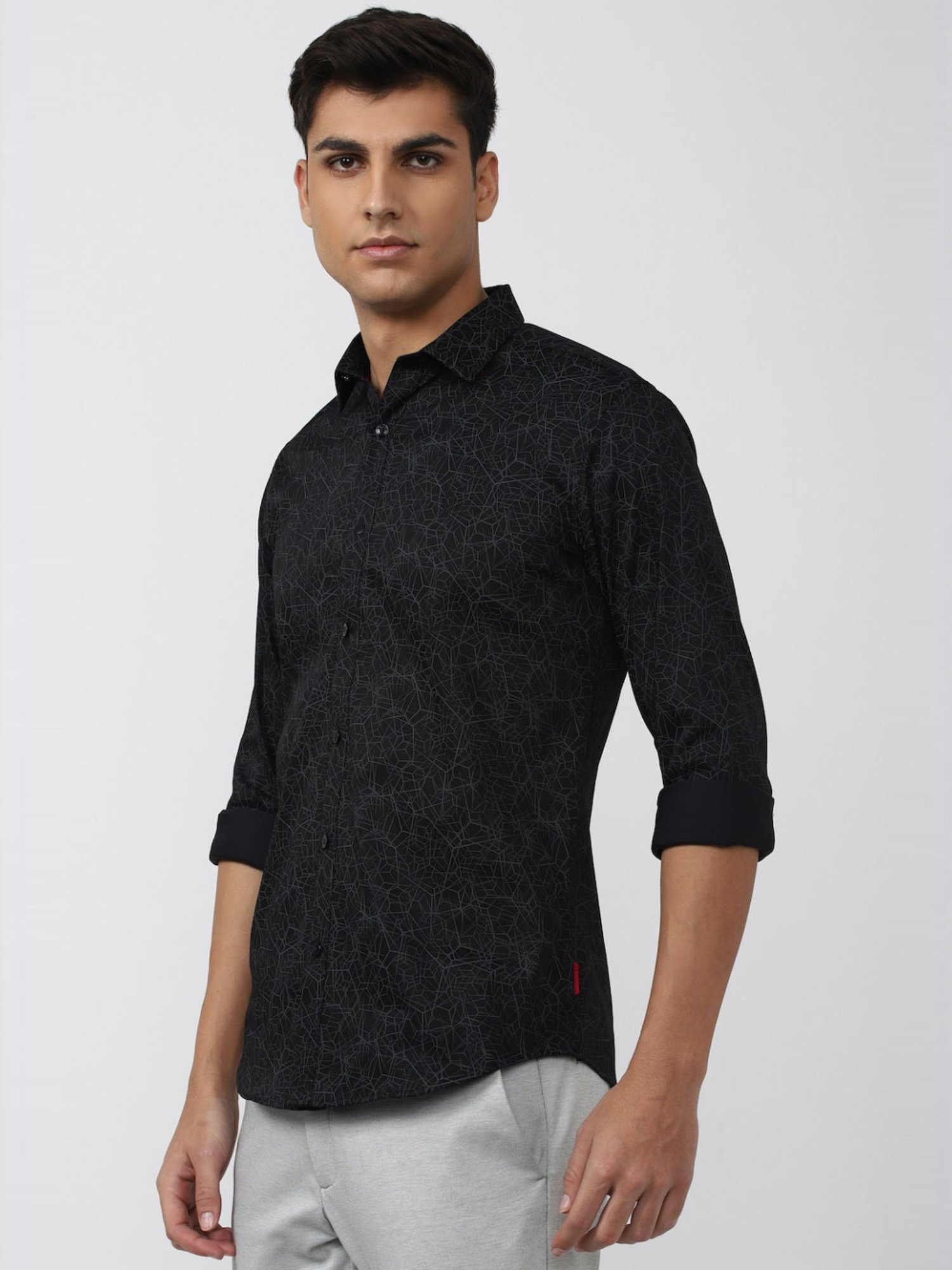 V Dot Black Slim Fit Printed Shirt