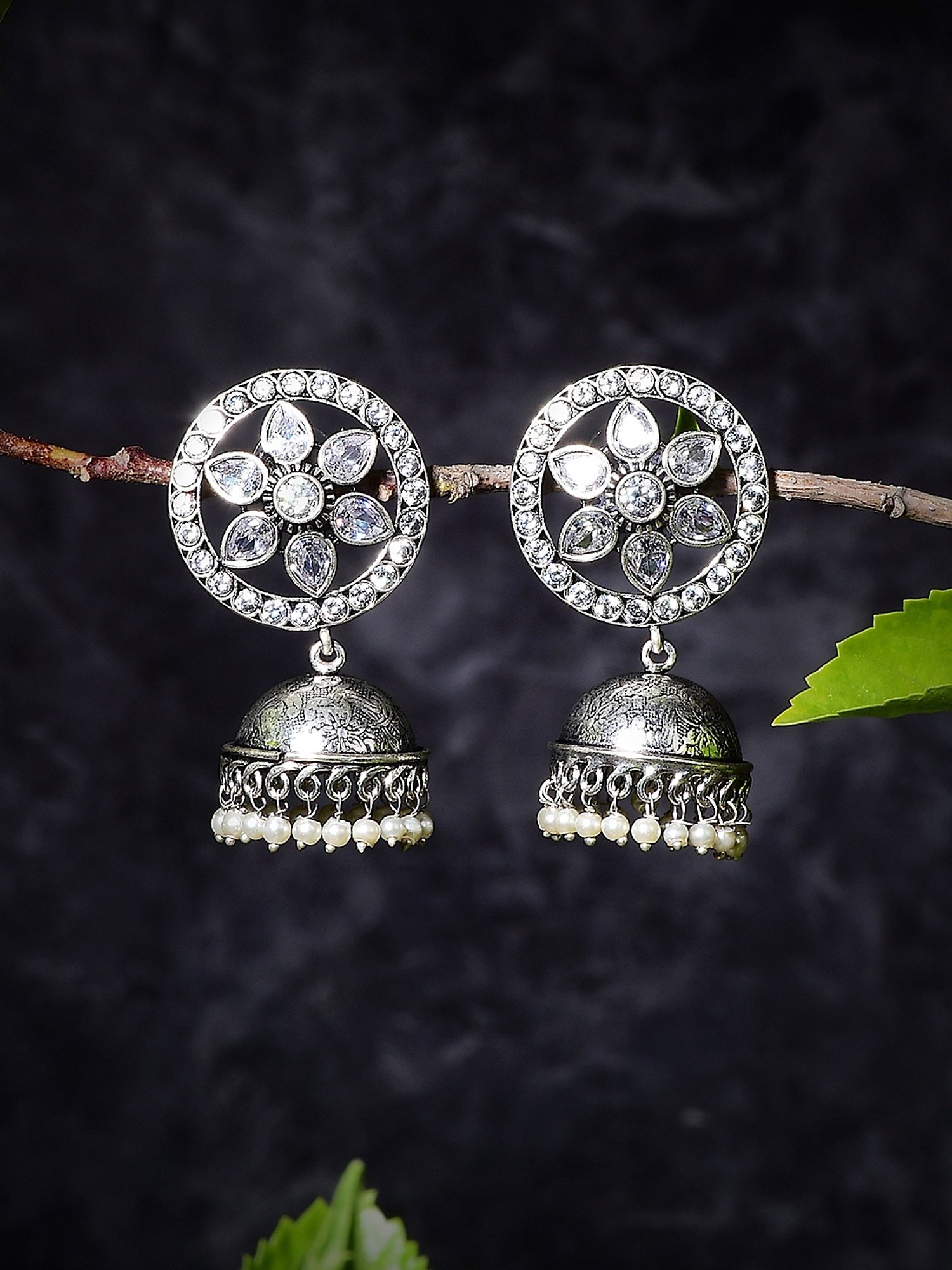 Imli Street White Silver Tone Stone-Studded Handcrafted Jhumki Earrings