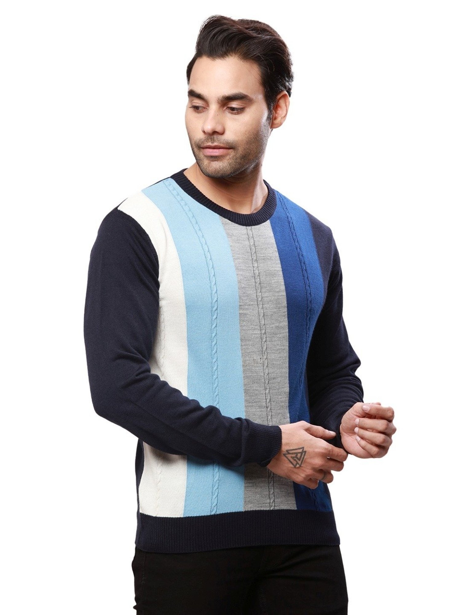Raymond Blue Regular Fit Striped Sweater
