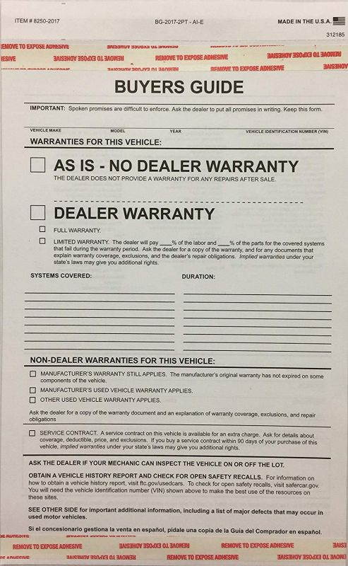 2-part Buyers Guide Form - Adhesive Tape - English - As Is - Warranty (100 Per Pack)