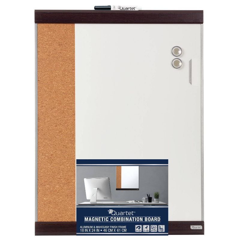 Quartet 18" x 24" Magnetic Combination Board - Aluminum & Mahogany Finish Frame