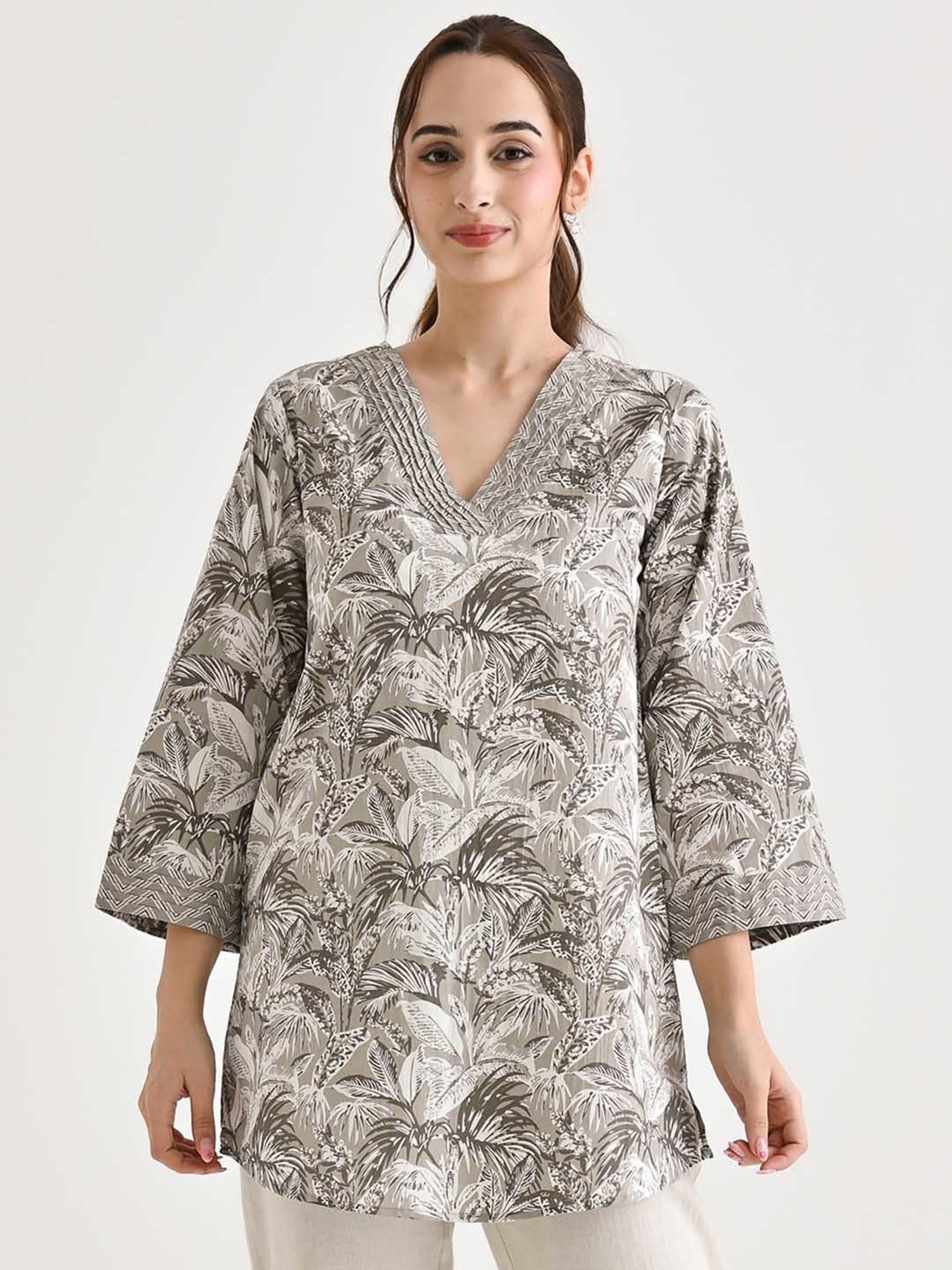 Rustorange Grey Cotton Printed A Line Short Kurti
