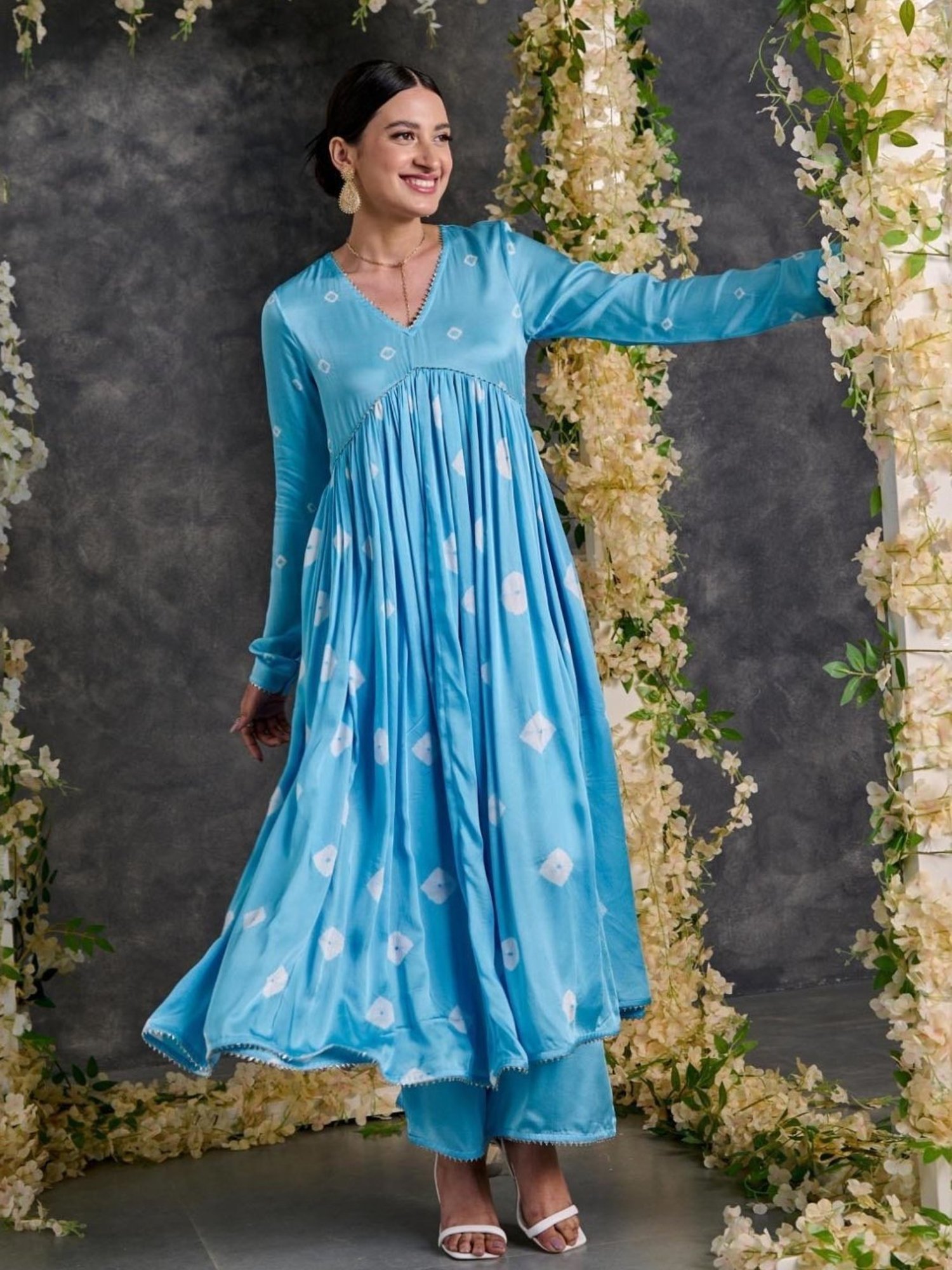 Gulaal Blue Bandhani Anarkali Modal Satin Kurta and Flared Pant with Dupatta