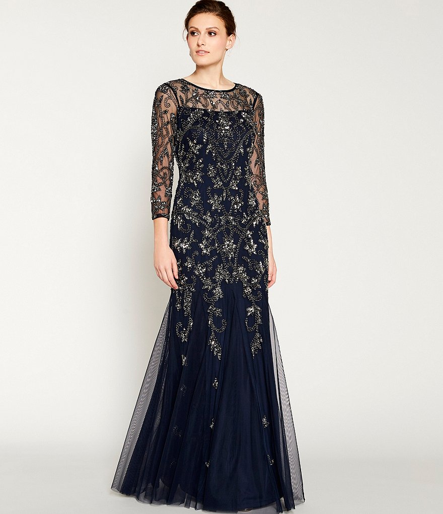 Adrianna Papell Beaded Illusion 3/4 Sleeve Gown