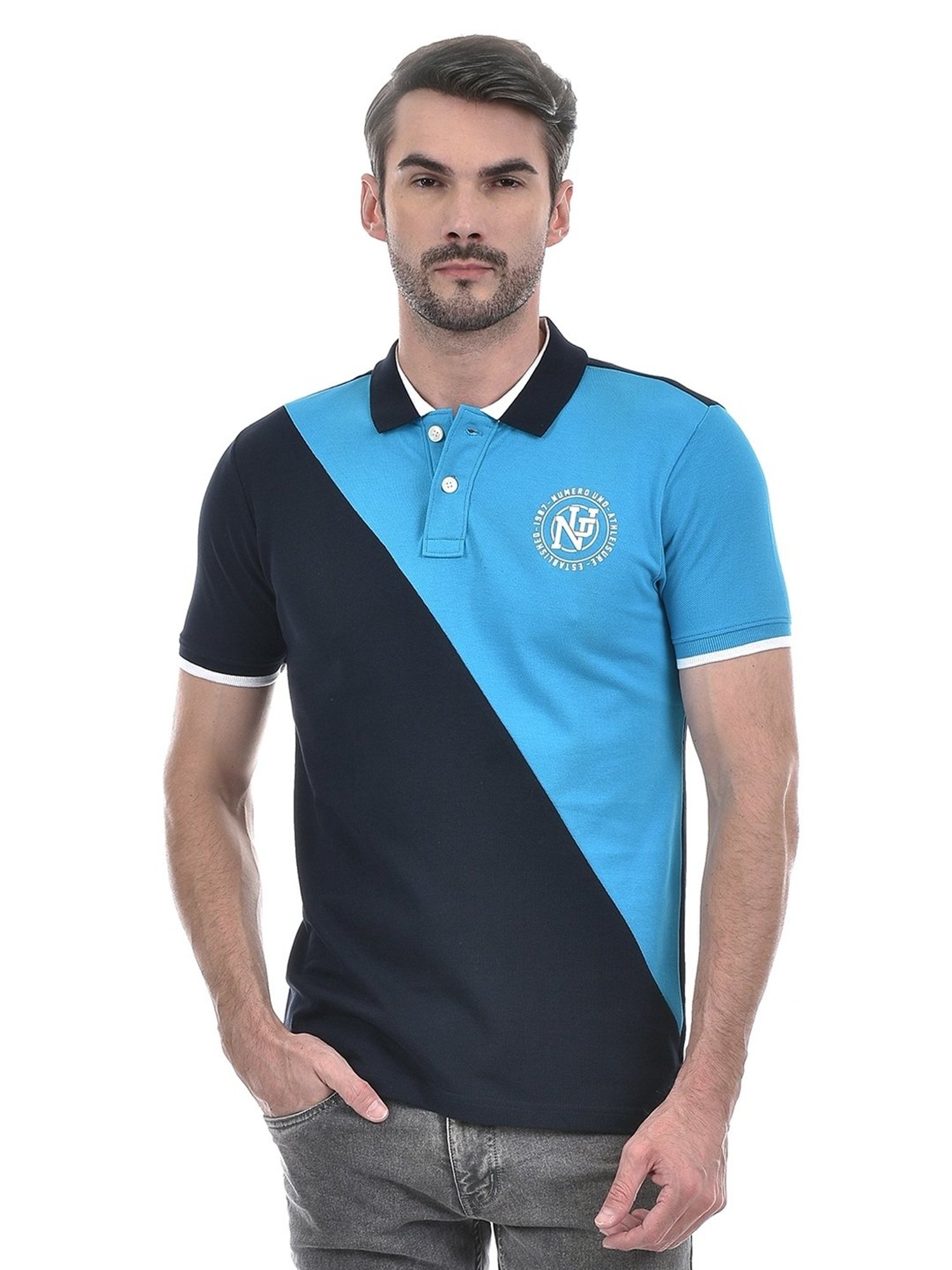 Numero Uno Blue Cotton Regular Fit Colour Block Polo T-Shirt
