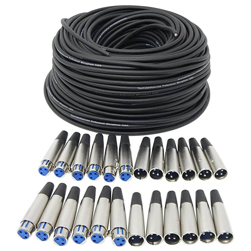 Cable Store DIY/Make Own Custom Length XLR Cable Kit 250 Ft Of 28 AWG Balanced XLR Cable, 12 XLR Male Connectors And 12 XLR Female Connectors