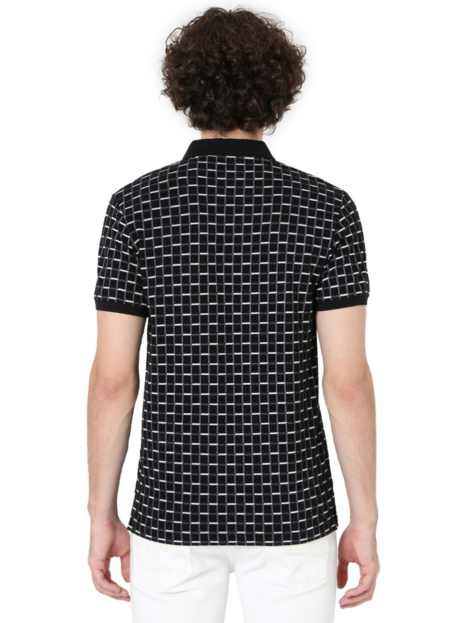 Mufti Black Cotton Slim Fit Checks Polo T-Shirt