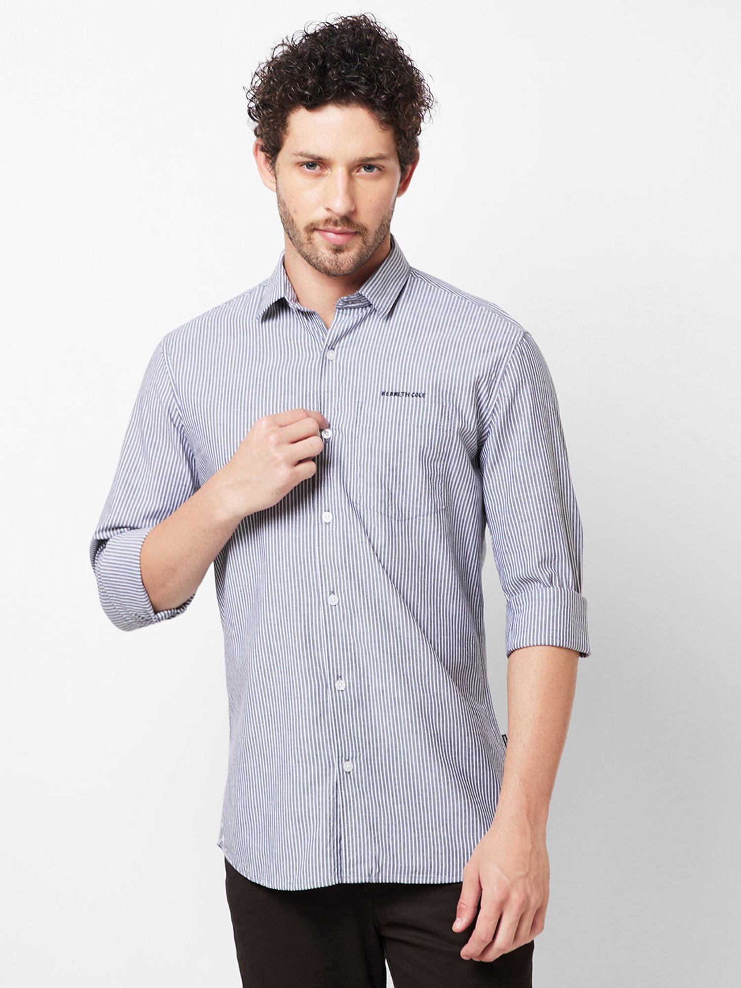 Kenneth Cole New York Grey Slim Fit Striped Shirt