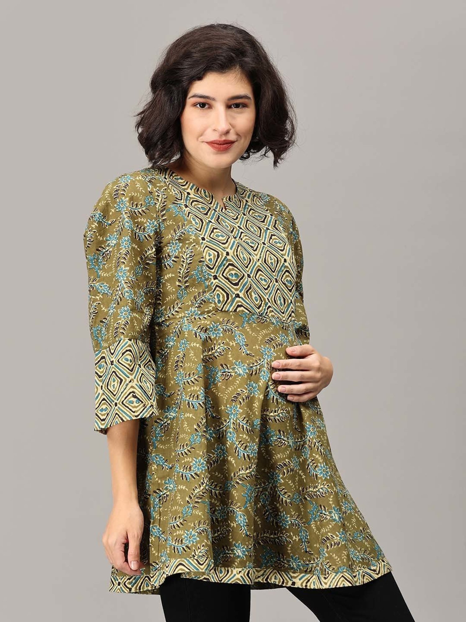 The Mom Store Green Floral Print Maternity Short Kurti