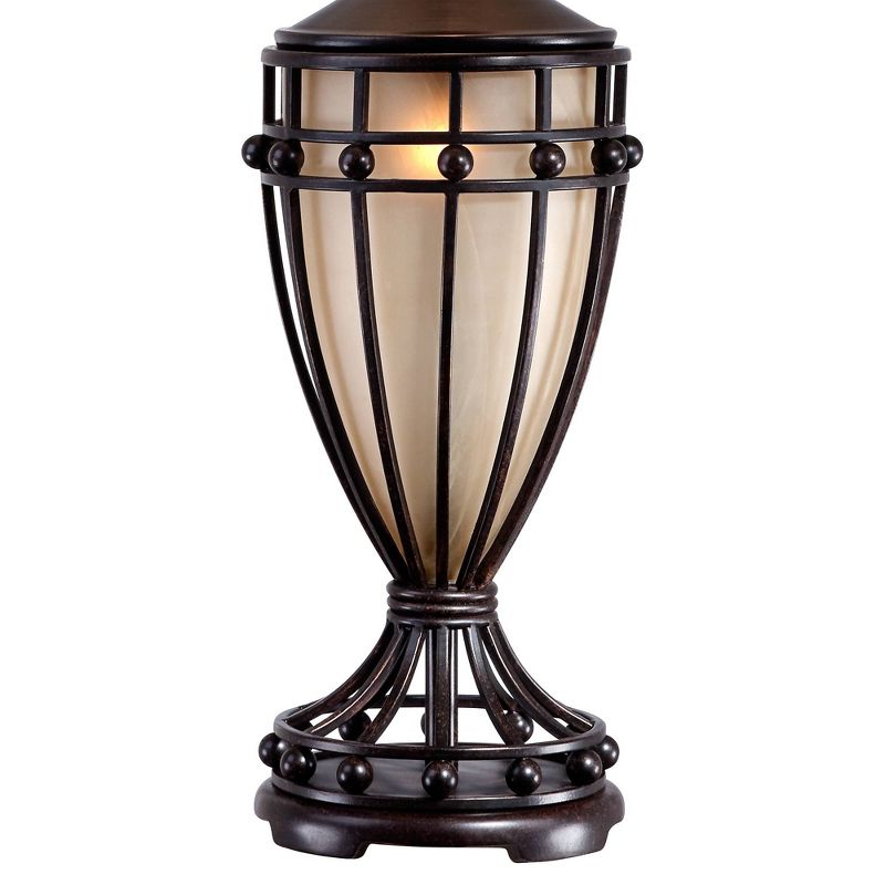 Franklin Iron Works Traditional Table Lamp with Nightlight Urn Dark Iron Bronze Beige Fabric Bell Shade for Living Room Bedroom