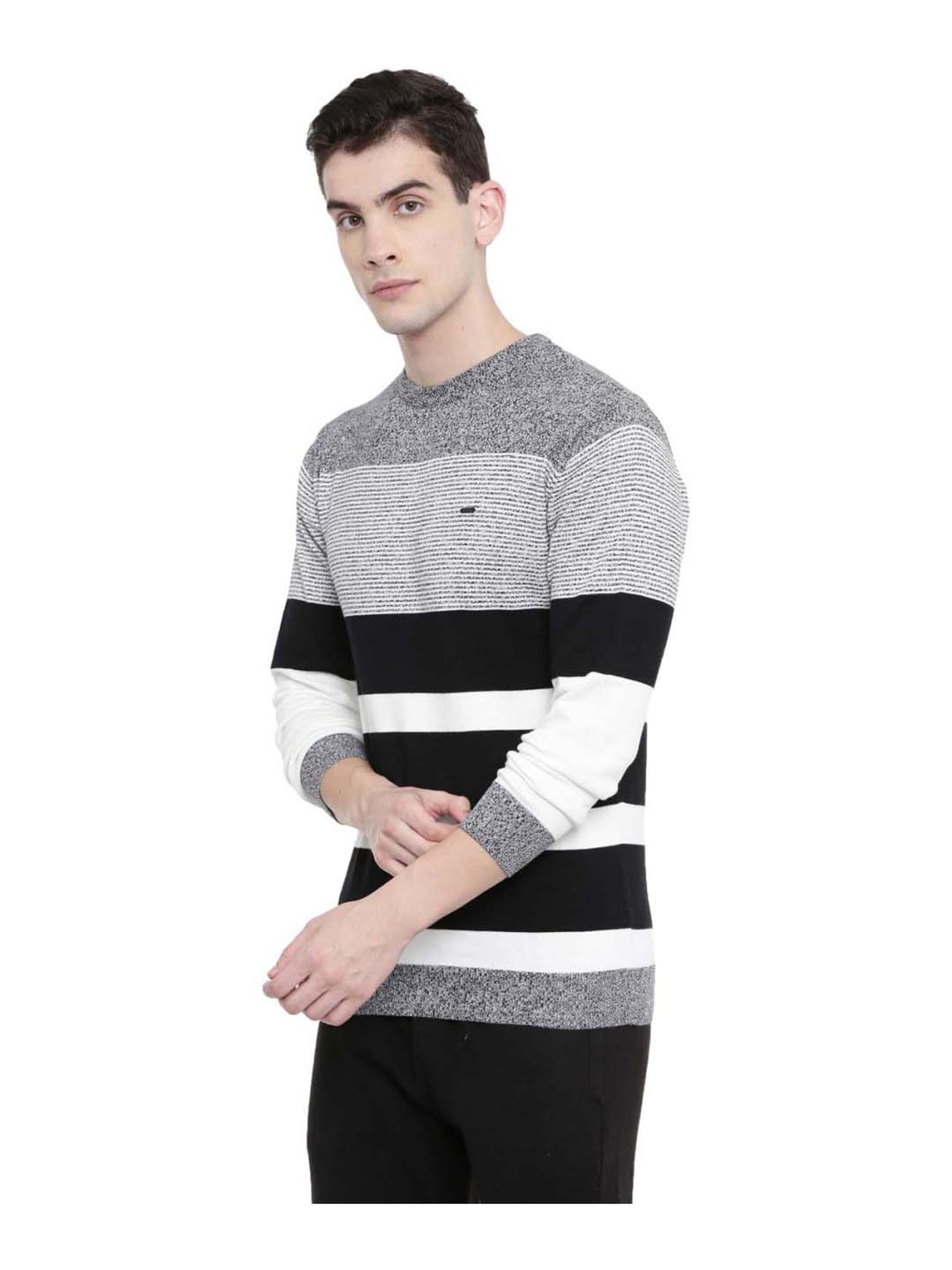 Proline Black & White Regular Fit Striped Sweater
