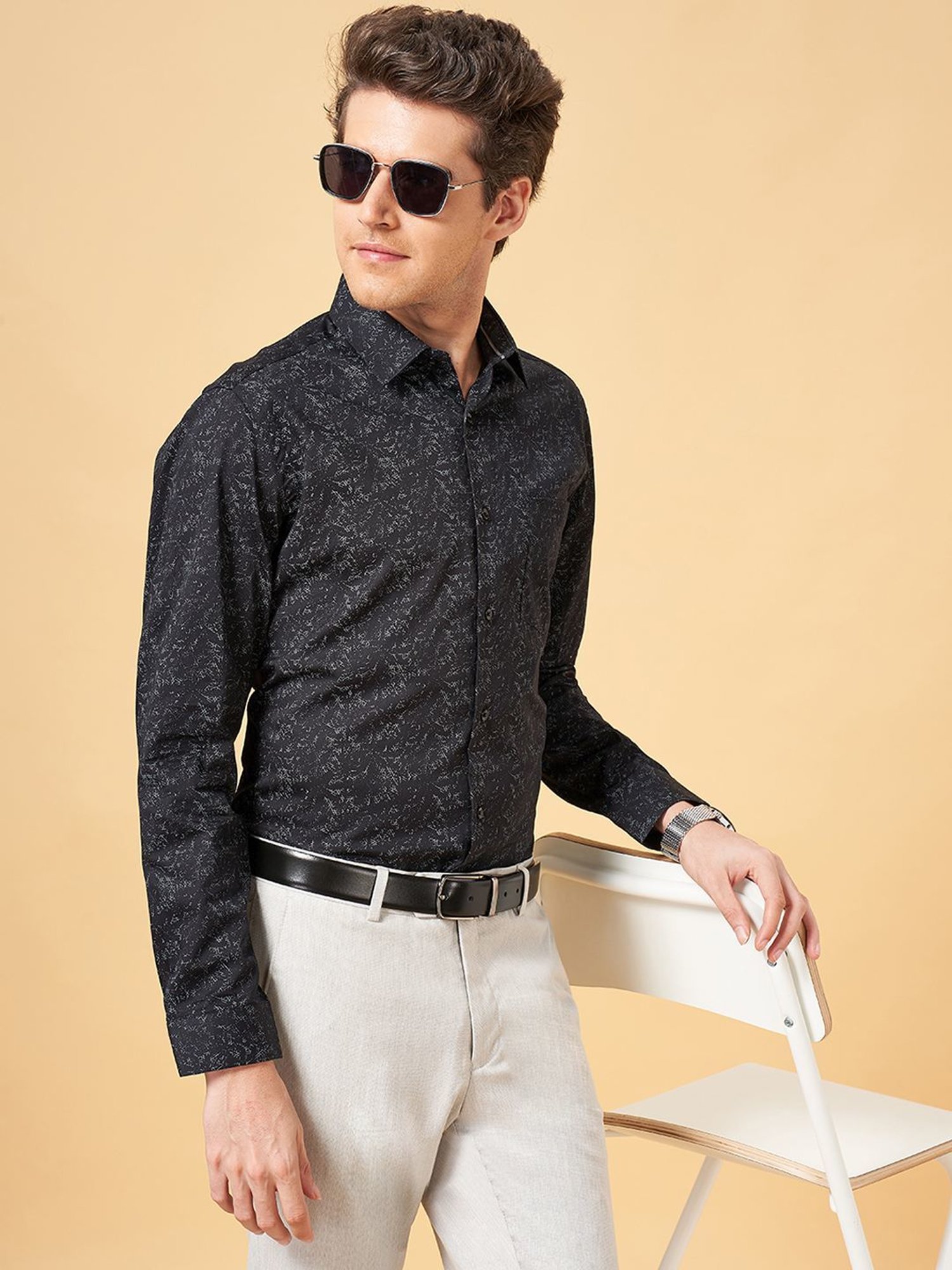 Peregrine By Pantaloons Black Cotton Slim Fit Printed Shirt