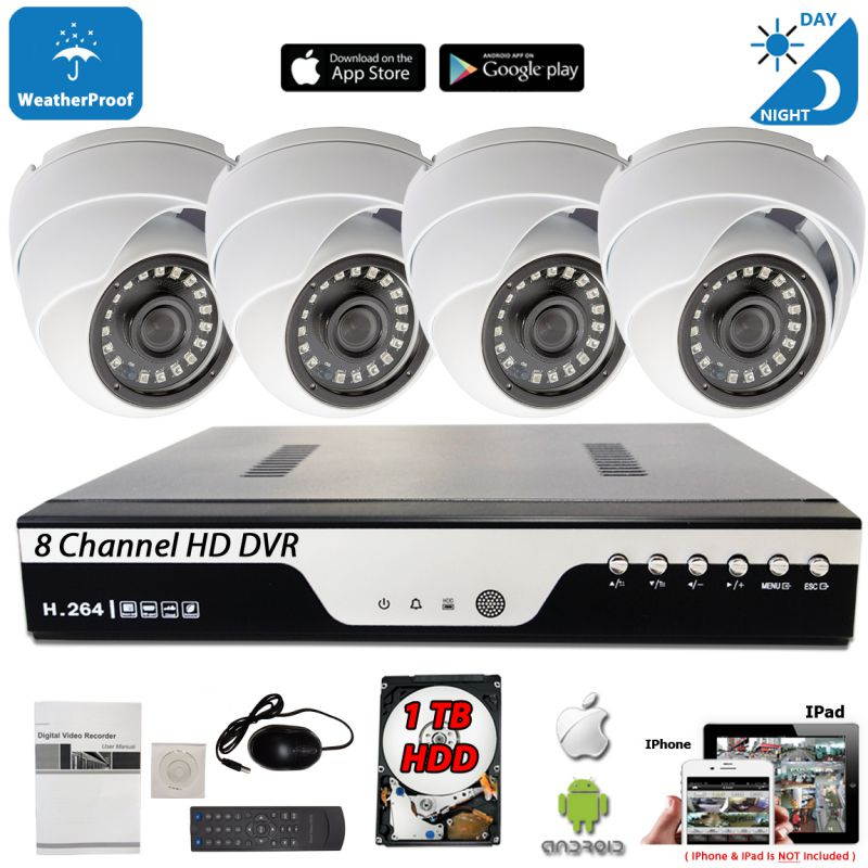 Evertech 8 Channel HD CCTV Home Security Camera System w/ 1TB Hard Drive 4 pcs 1080P High Resolution Fixed Iris Lens HD Dome Cameras