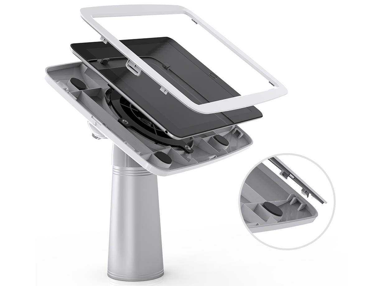 Beelta Retail Tablet Stand for 10.2 inch iPad 7th/8th Generation, Desk Mount iPad Stand, Business Locking POS iPad Stand Holder, 360 Swivel, for Office Reception, Aluminium Stand + Plastic Enclosure