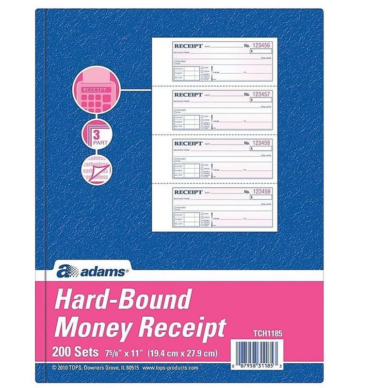 Adams TOPS 3-Part Hardbound Receipt Book, 7 x 2 3/4, Carbonless, 200 Sets/Book TCH1185