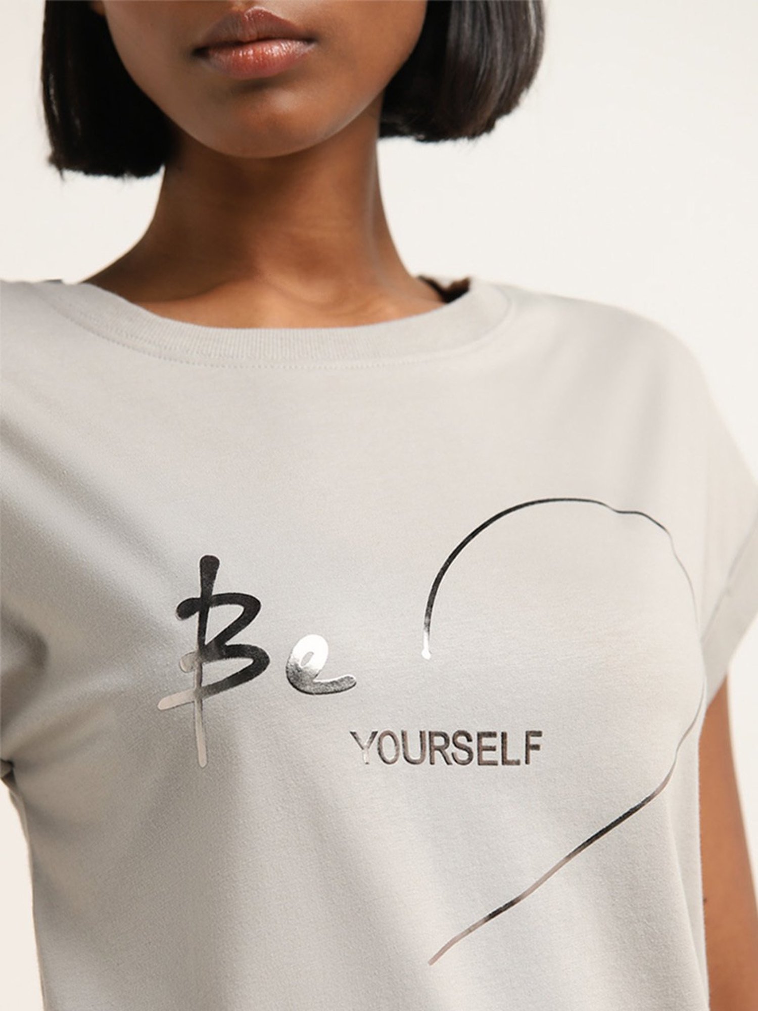 Studiofit by Westside Grey Holographic Text Design Cotton T-Shirt