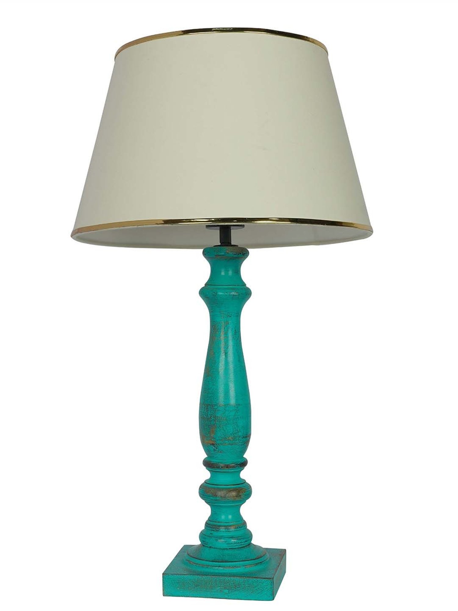 FOS LIGHTING Distressed Off-White & Green Wood Table Lamp With Fabric Shade