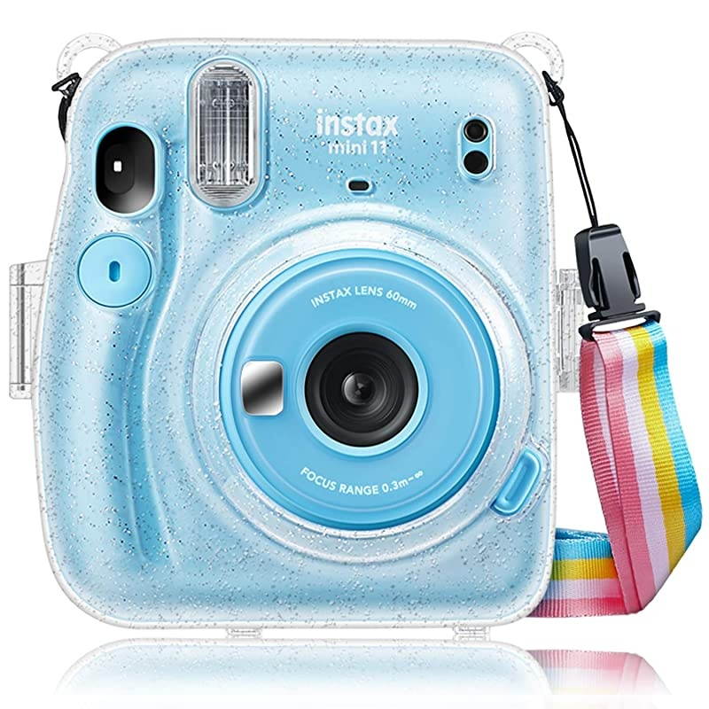 Protective Clear Case for Fujifilm Instax Mini 11 Instant Film Camera - Crystal Hard PVC Cover with Removable Rainbow Shoulder Strap, Glittering Transparent