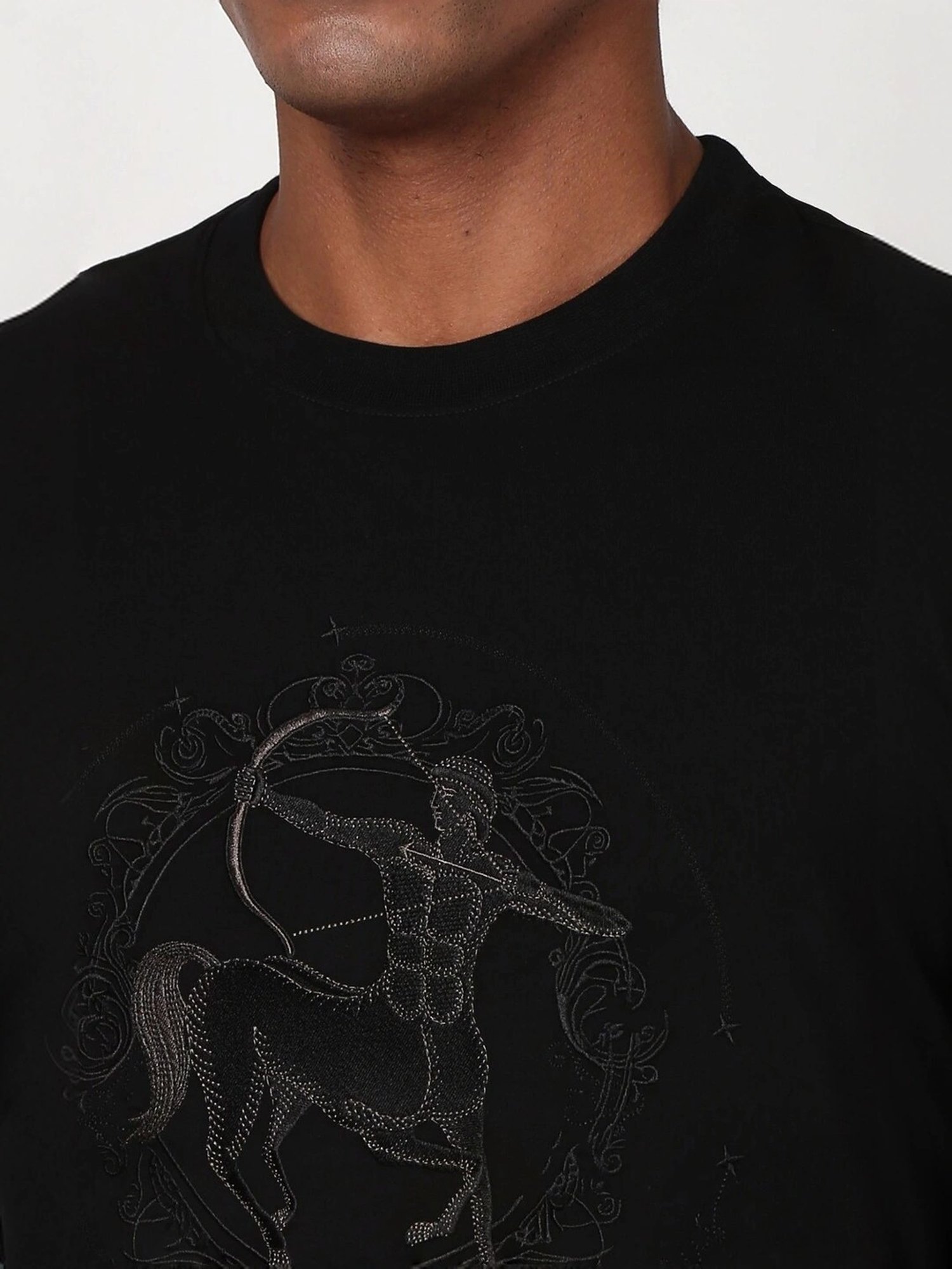 Peter England Casuals Black Cotton Regular Fit Embroidered T-Shirt