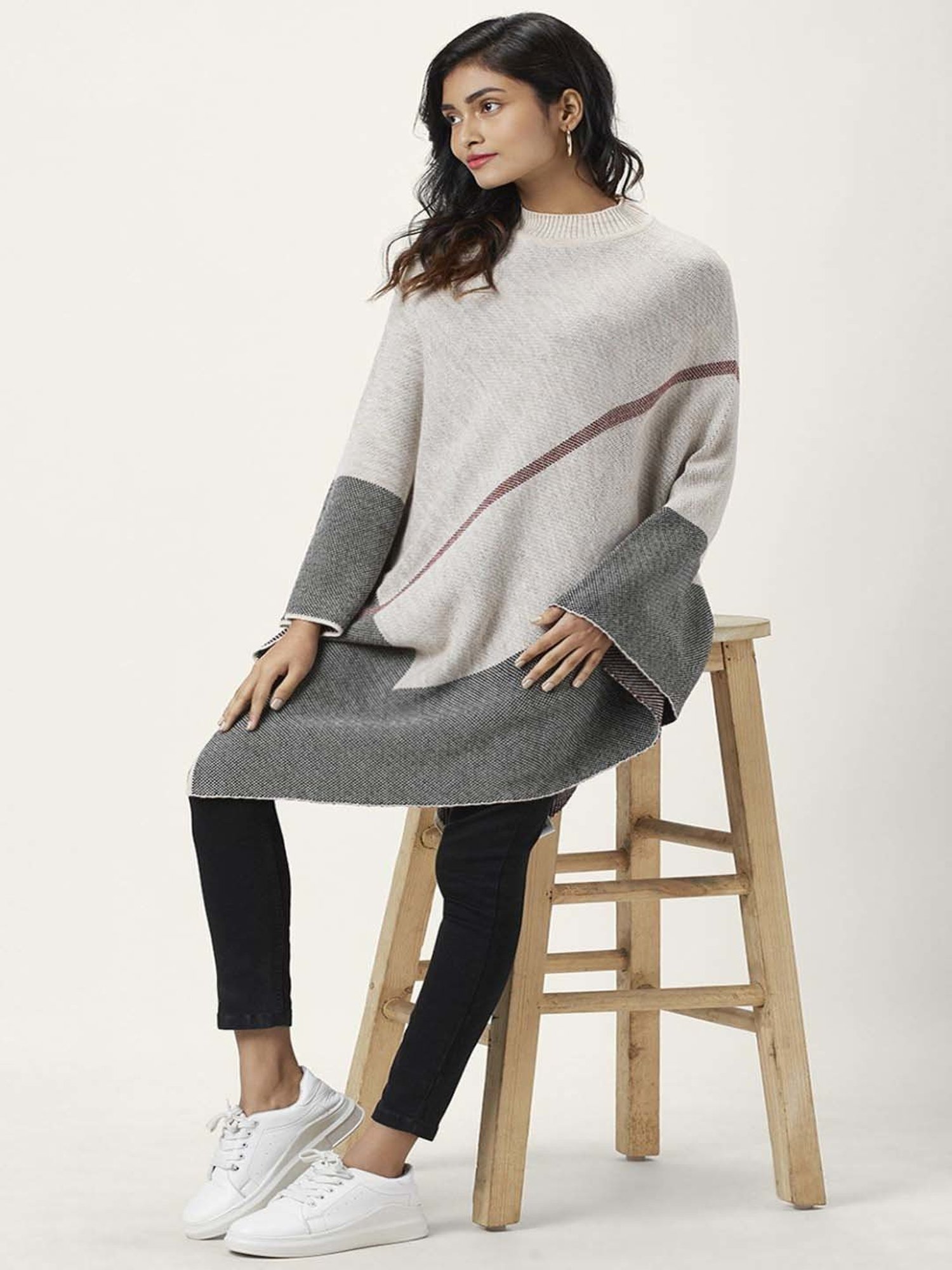 Honey by Pantaloons Beige Jacquard Pattern Poncho