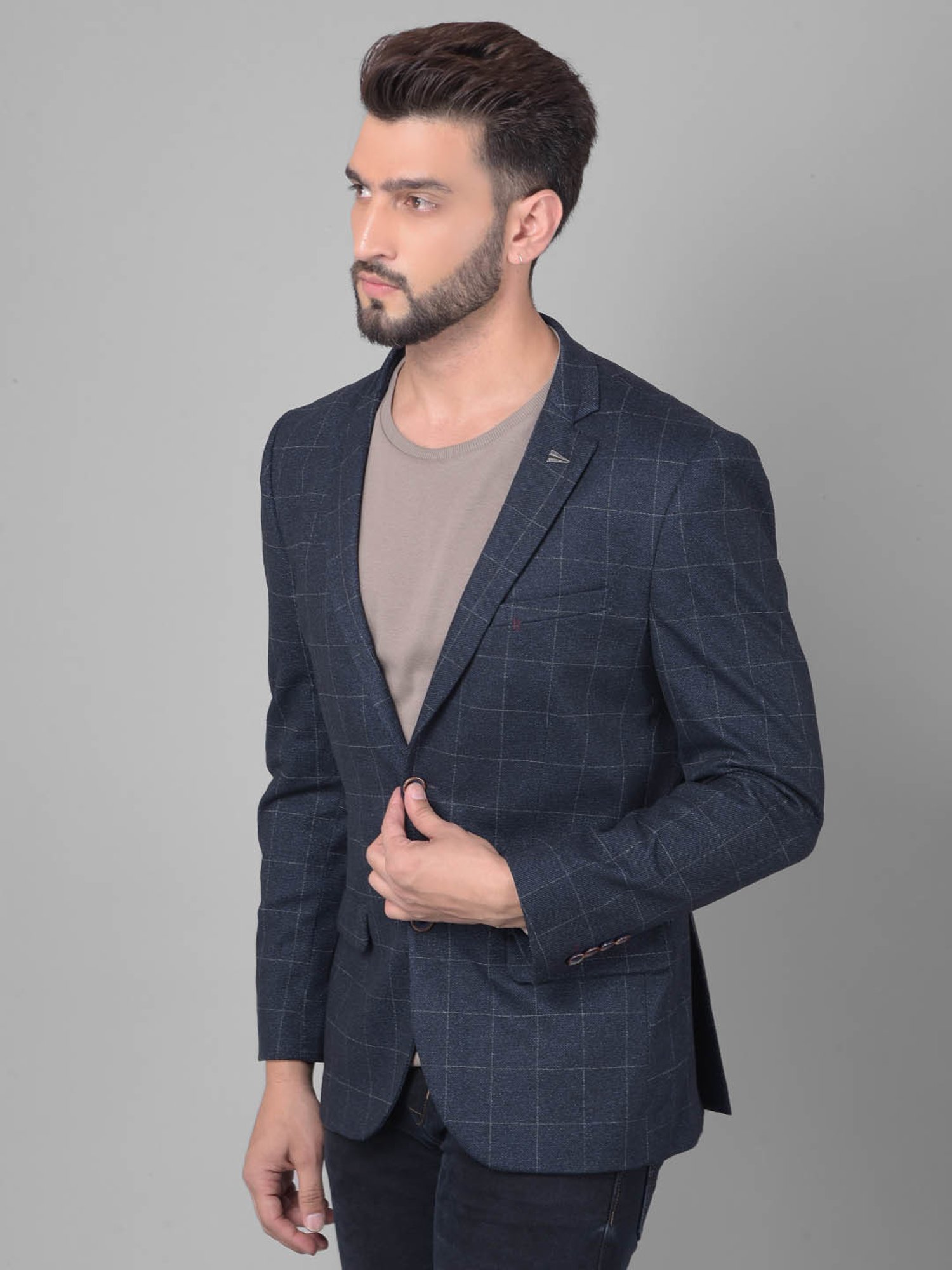 Crimsoune Club Navy Blue Slim Fit Checks Blazer