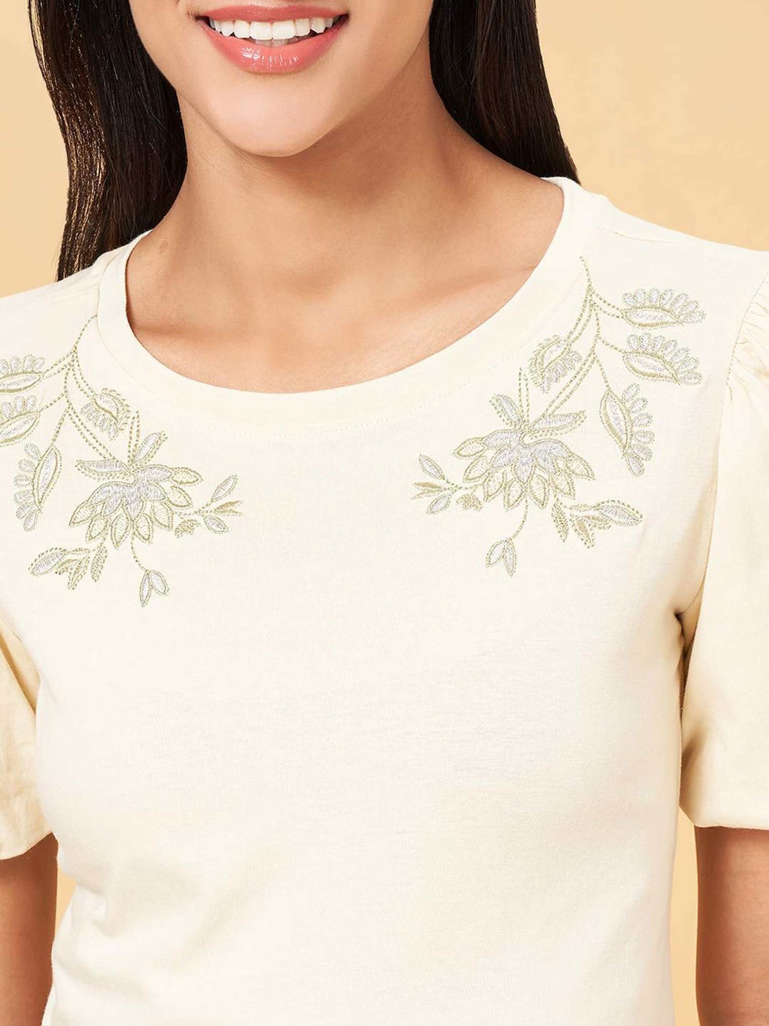 Honey by Pantaloons Off-White Cotton Embroidered Top