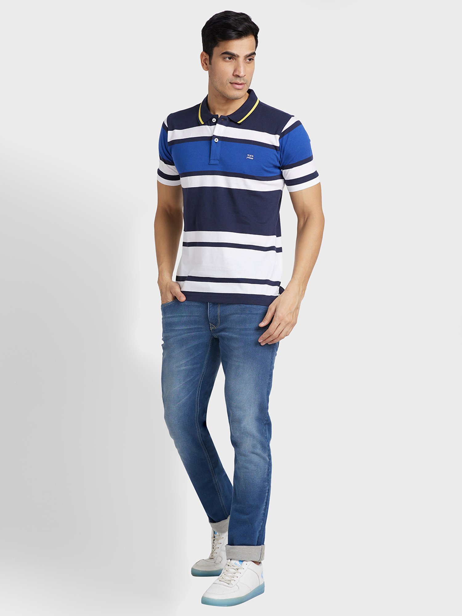 Colorplus Blue Cotton Tailored Fit Striped Polo T-Shirt