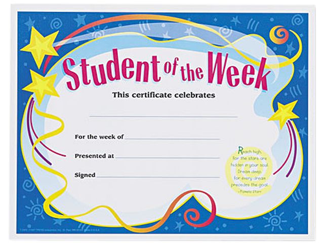 Student of the Week Certificates, 8-1/2 x 11, White Border, 30/Pack