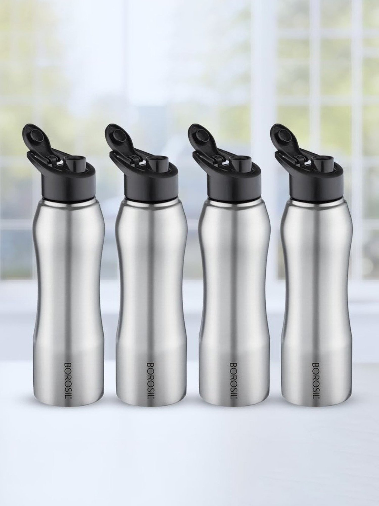 Borosil Water Bottle with Single Wall & Leakproof Set of 4 (Silver, 750 ml)