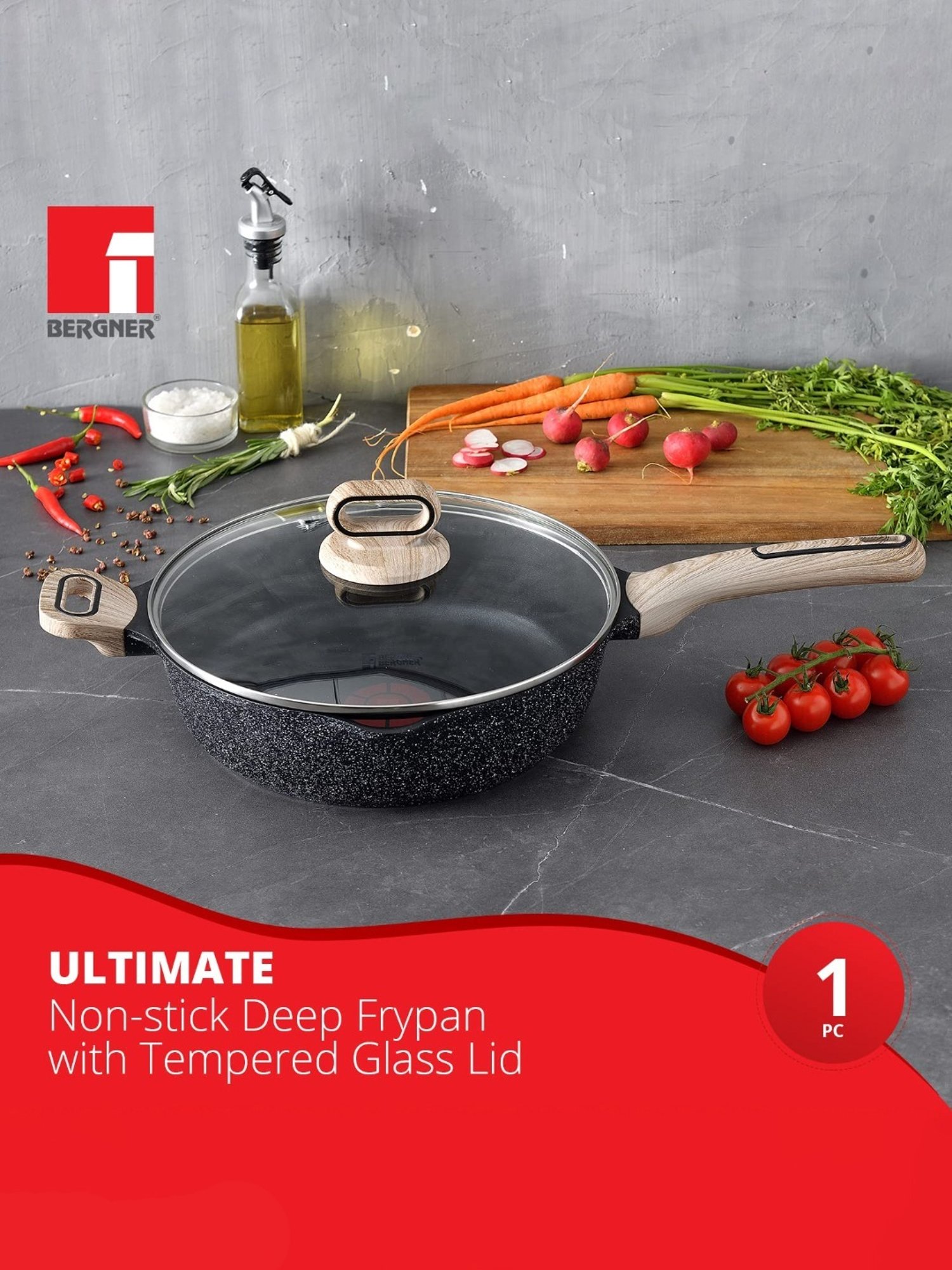 Bergner Grey Non-Stick Marble Induction Base Deep Frypan with Lid - 28cm (3.2L)