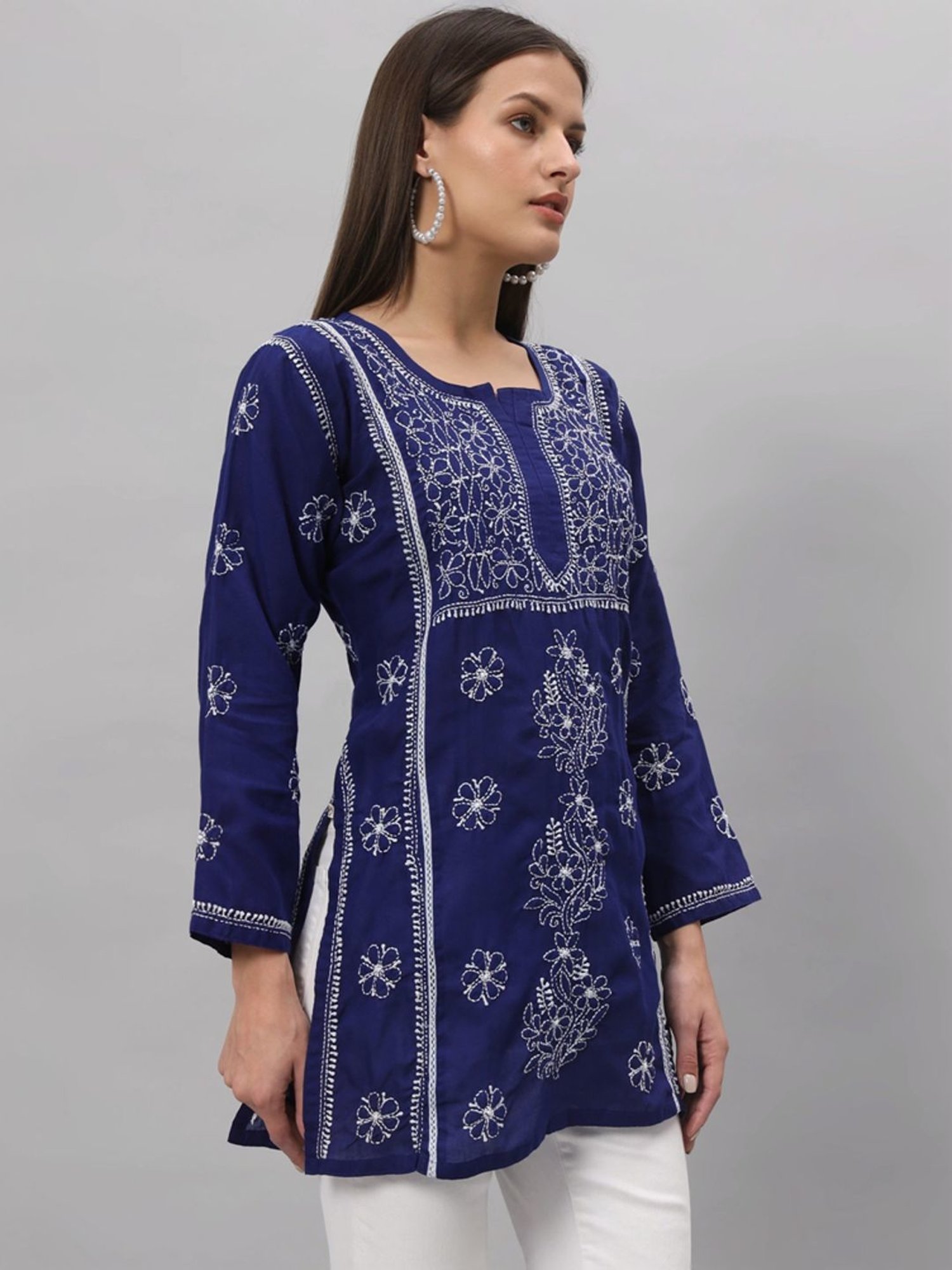 PARAMOUNT CHIKAN Royal Blue Cotton Hand Embroidered Chikankari Straight Kurti