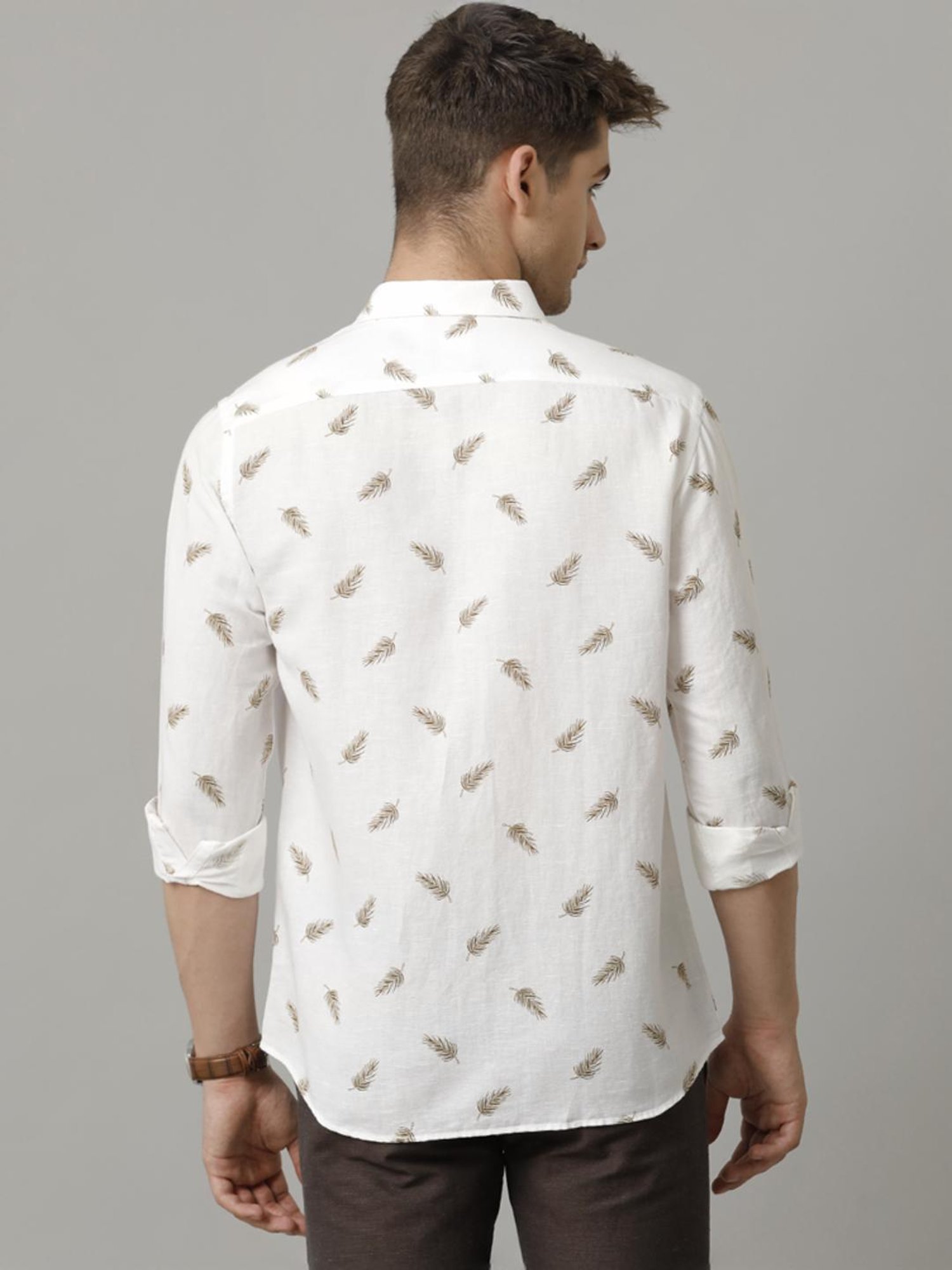 Linen Club White Linen Contemporary Fit Printed Shirt