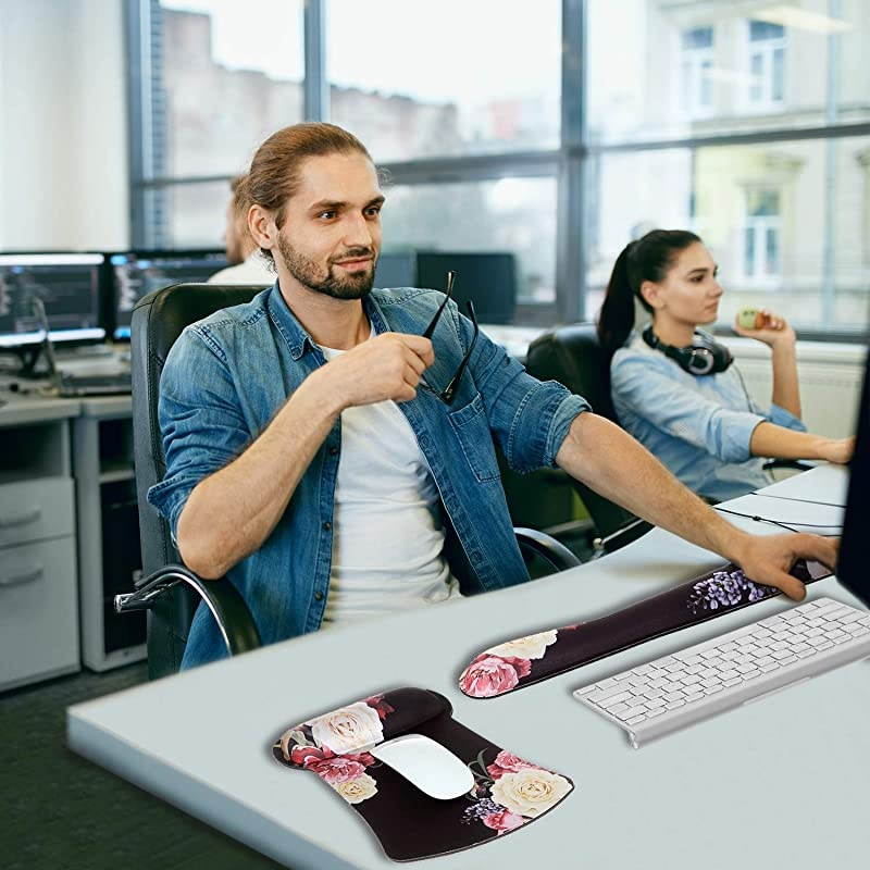 Black Peony Mouse Pad with Wrist Support and Keyboard Wrist Rest Pad Set for Computers & Laptop, Made of Memory Foam, Soft and Breathable, Ergonomic Design, Non-Slip Rubber Base, Easy Typing
