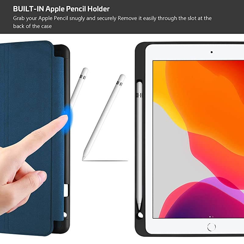 New iPad 102 Case 2020 8th Generation 2019 7th Generation with Pencil Holder and Flexible Soft TPU Back Cover Slim Steady Stand Protective Case for 102 iPad 8th iPad 7th Navy