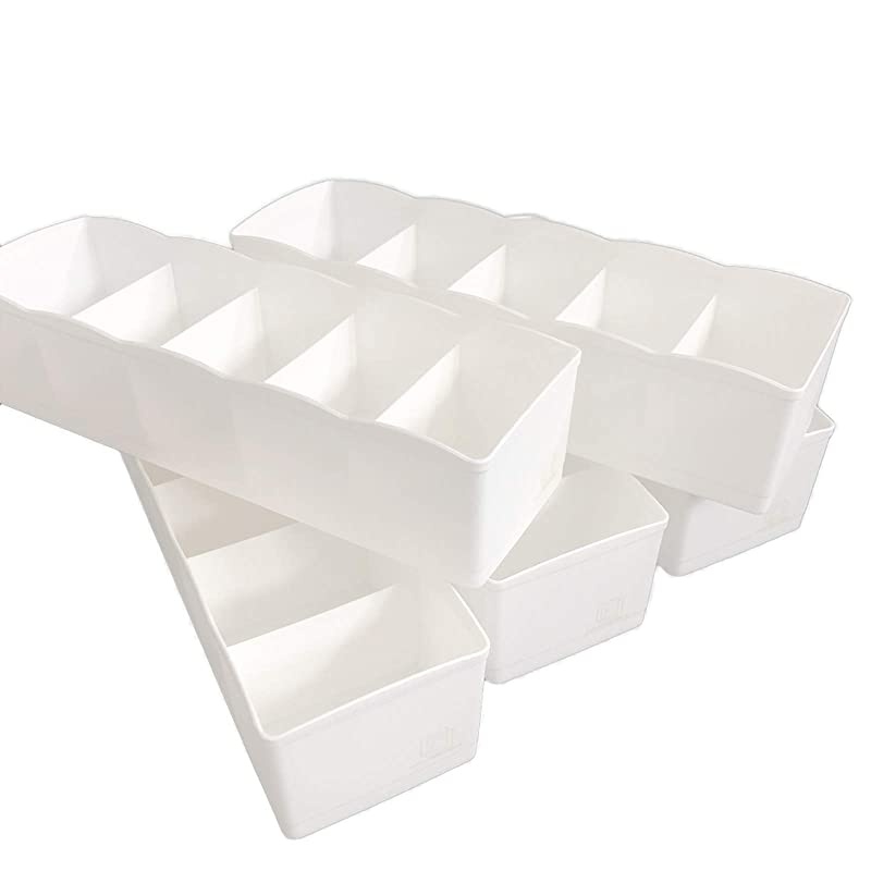 Dividers for Underwear, Office, Bathroom & Crafts in Sturdy Plastic - Washable & Sleek (FIVE pack, 5-Grid White)
