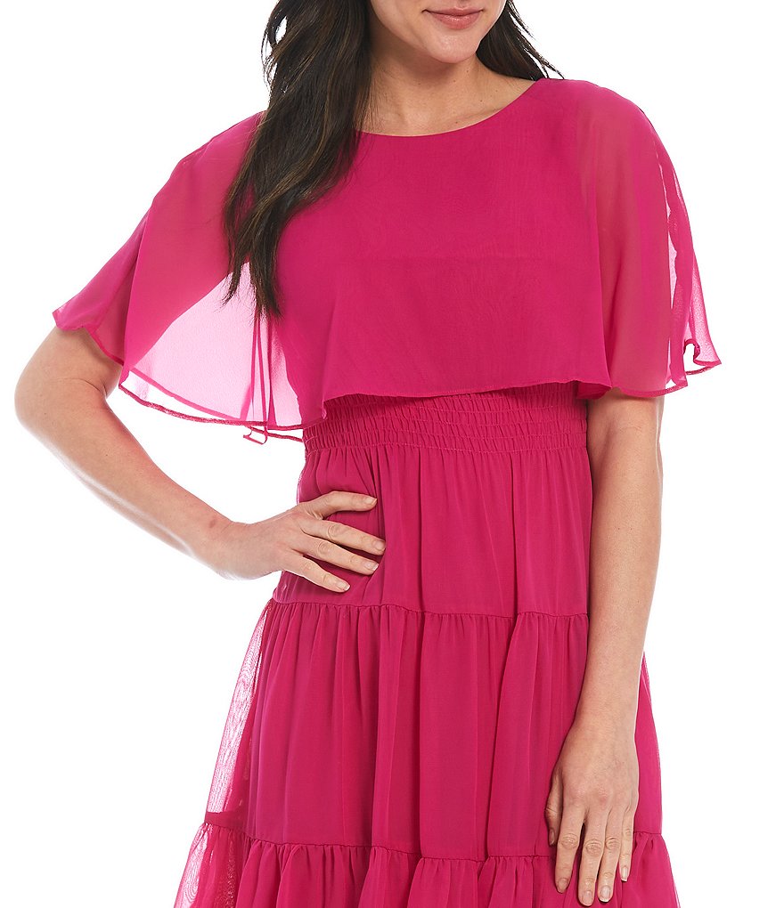 Maison Tara Short Sleeve Chiffon Capelet Tiered Dress