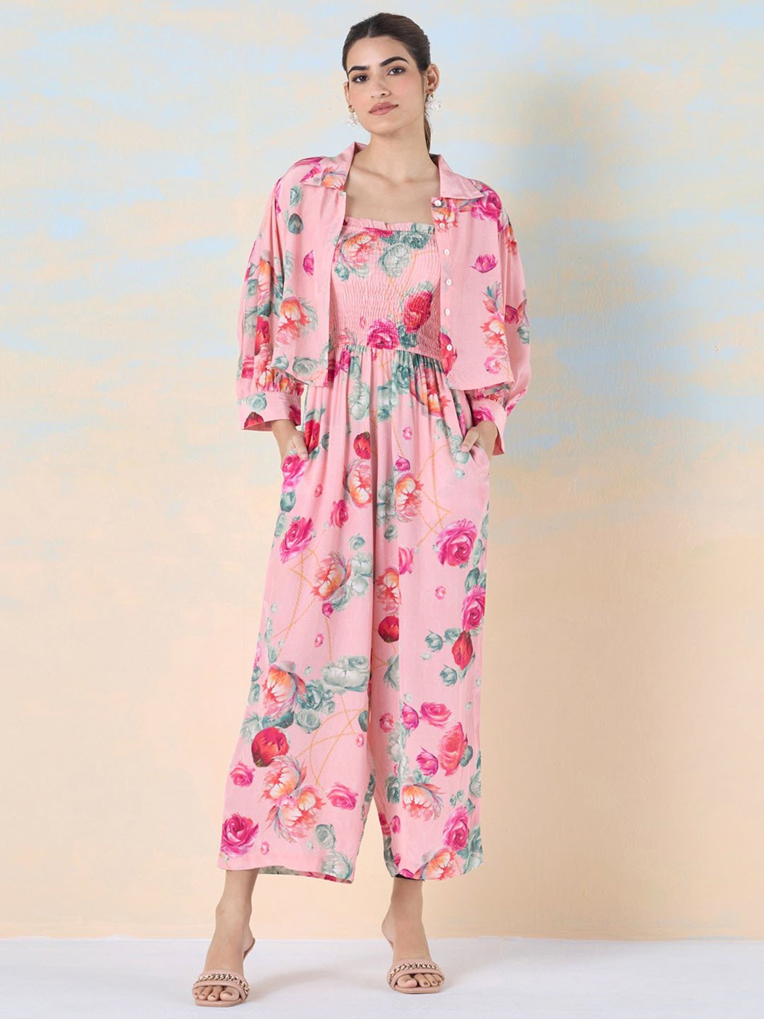 navyasa by liva Pink Floral Print Jumpsuit With Shirt