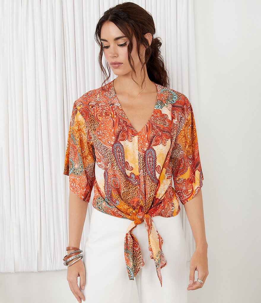 Karen Kane Short Sleeve Paisley V-Neck Tie-Front Top