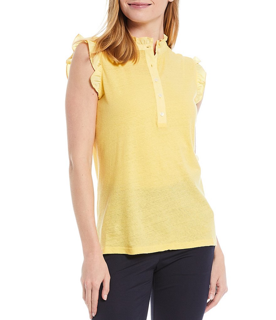 Tommy Hilfiger Ruffle Mock Neck Linen Cotton Blend Sleeveless Blouse