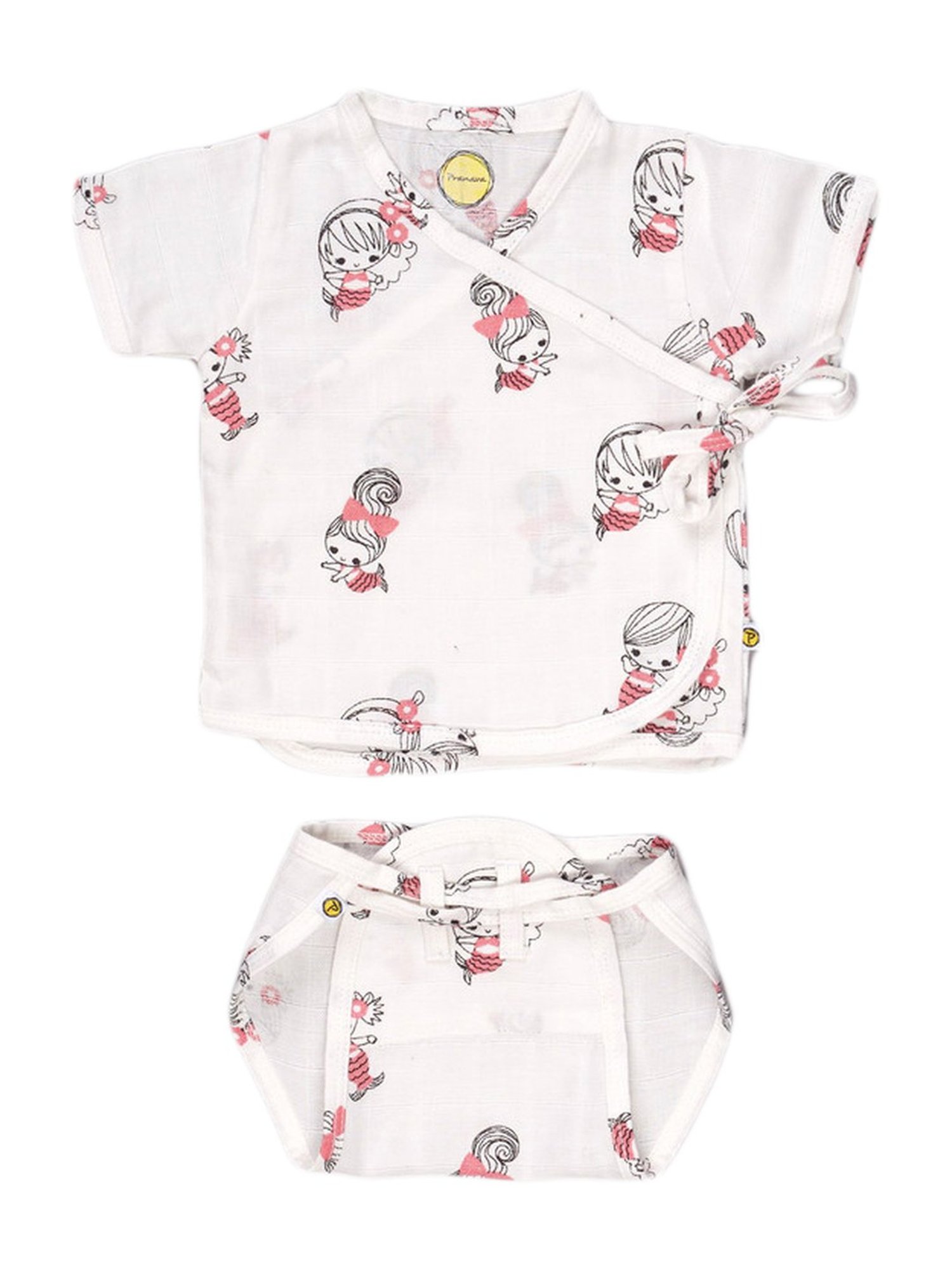Pranava Kids White & Coral Cotton Mermaid AOP Muslin Printed Zabla Langot Set