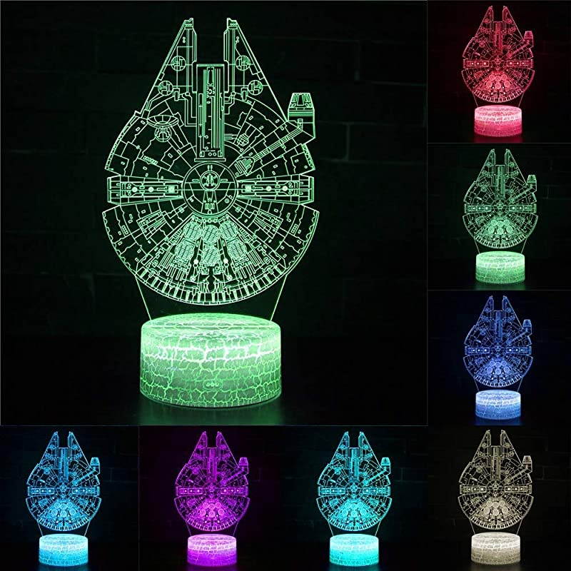 3D Illusion Star Wars Night Light Three Pattern Death StarMillennium FalconStarships Interstellar 7 Color Change Decor Lamp Desk Table Night Light Lamp for Kids Children Holiday Gift